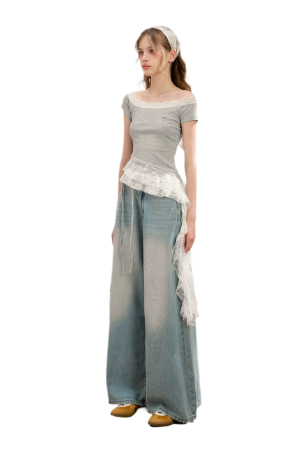Asymmetric Lace Off-Shoulder T-Shirt