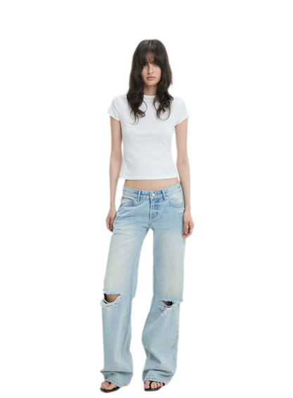 Washed Distressed Straight-Leg Jeans