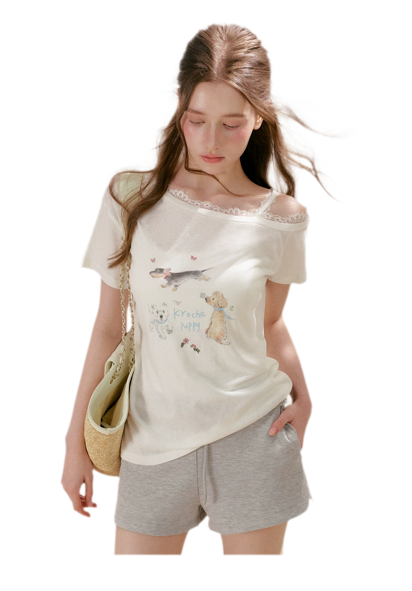 Tencel Cotton French Lace Puppy Print Asymmetric T-Shirt