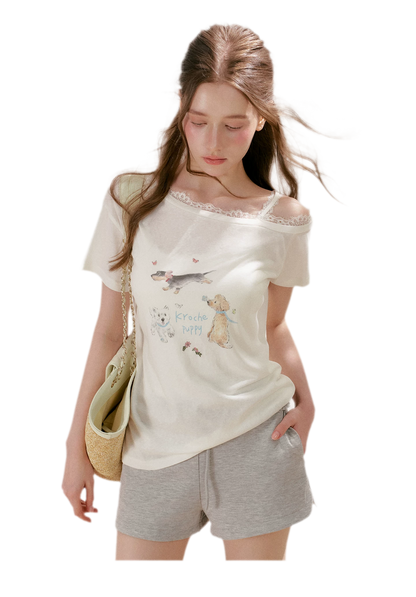 Tencel Cotton French Lace Puppy Print Asymmetric T-Shirt