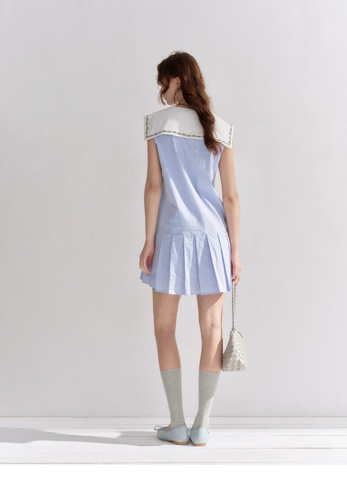 Embroidered Blue Striped Sailor Collar Pleated Dress