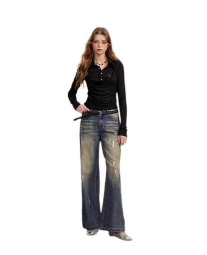 Washed Paint-Splatter Wide-Leg Jeans