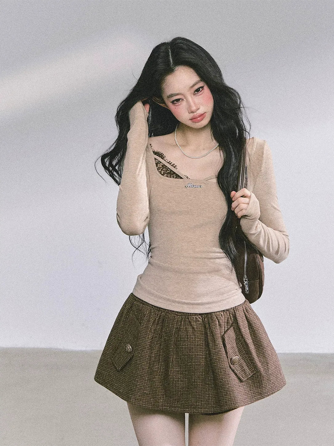 Lace Panel Fitted Long-Sleeve Top