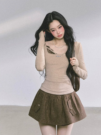 Lace Panel Fitted Long-Sleeve Top