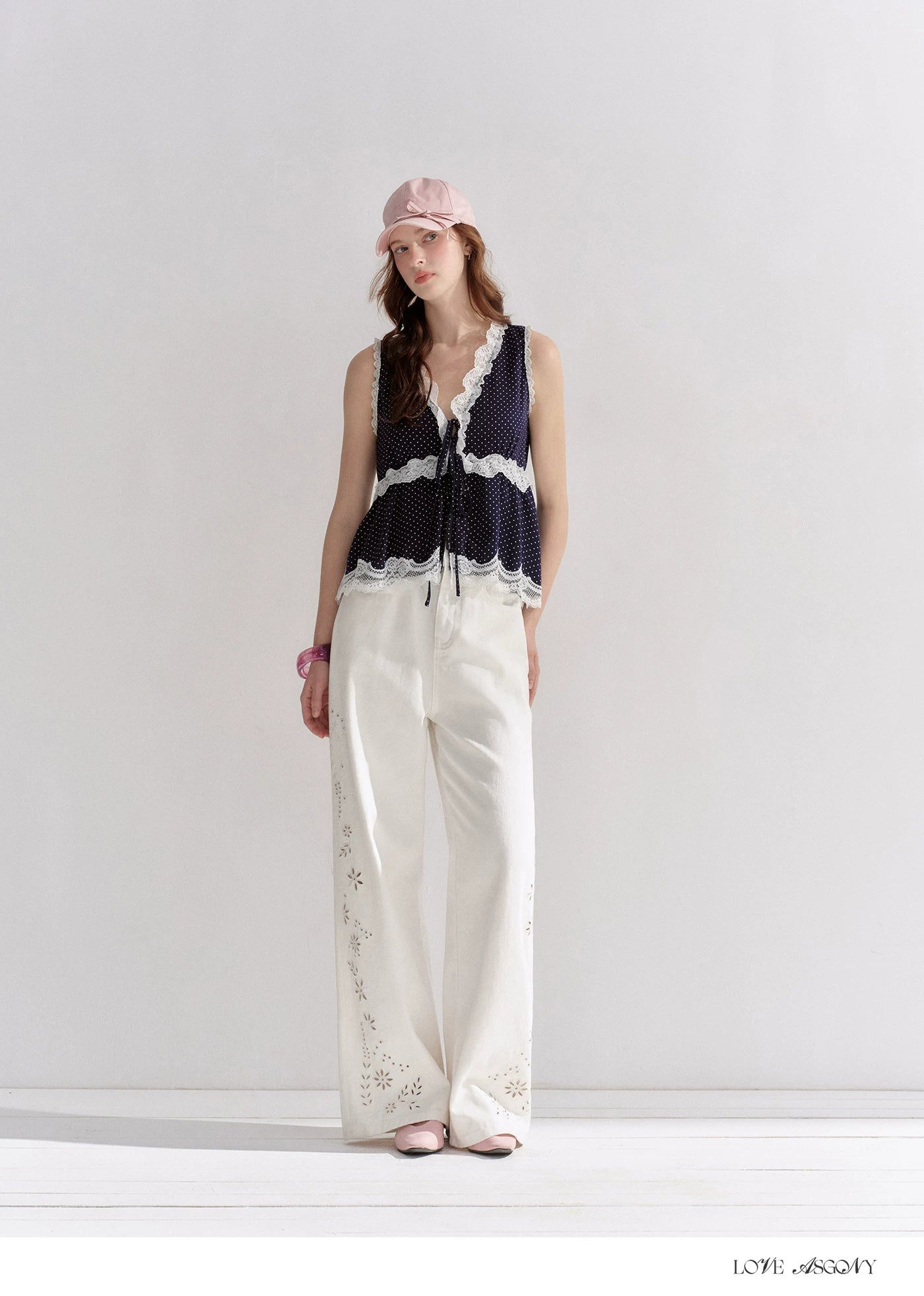 V-Neck Lace Polka Dot Waist-Defined Sleeveless Top