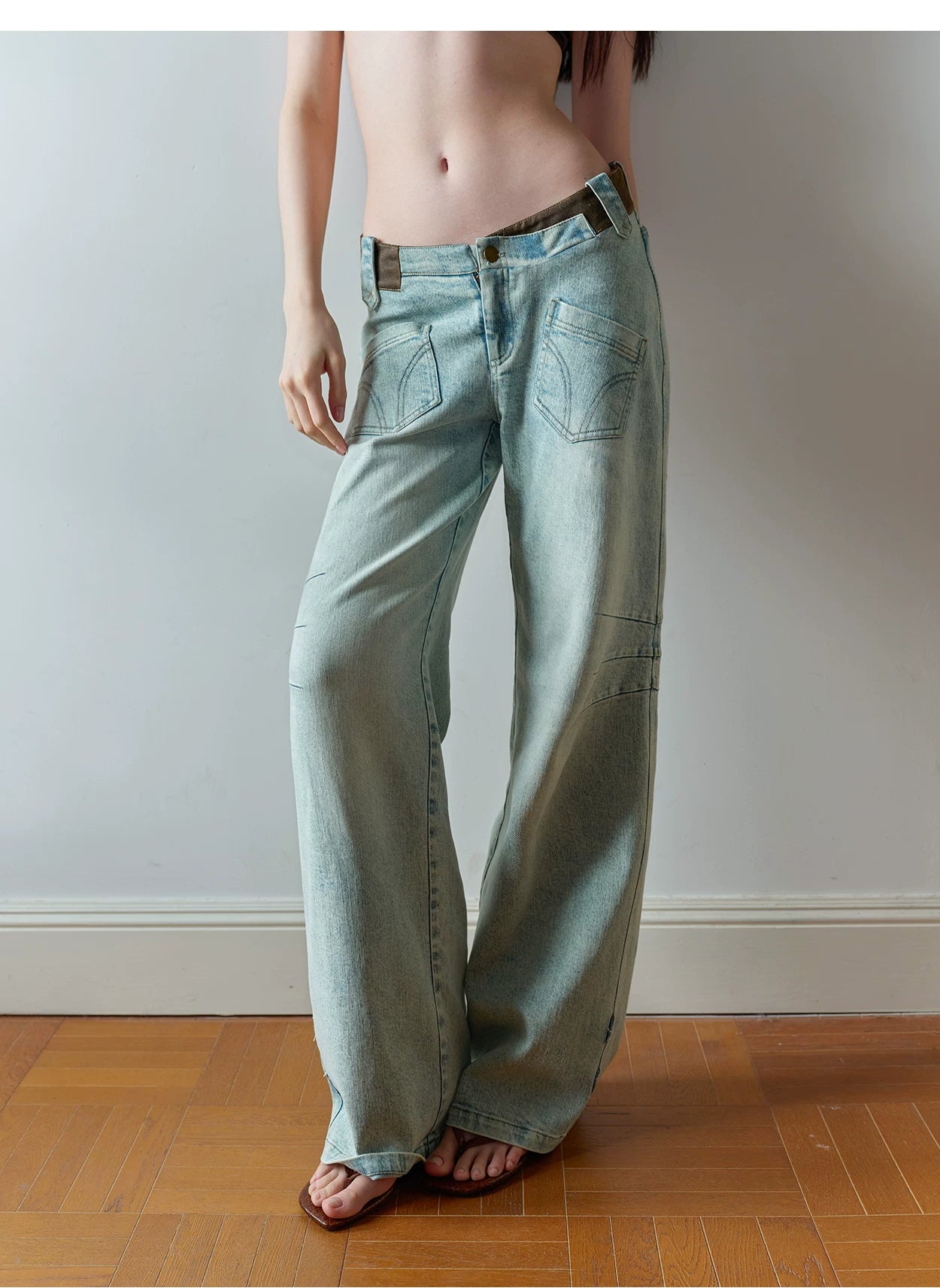 Vintage V-Waist Washed Blue Suede Patch Jeans
