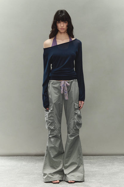 Printed Waistband Drawstring Multi-Pocket Low-Waist Cargo Pants