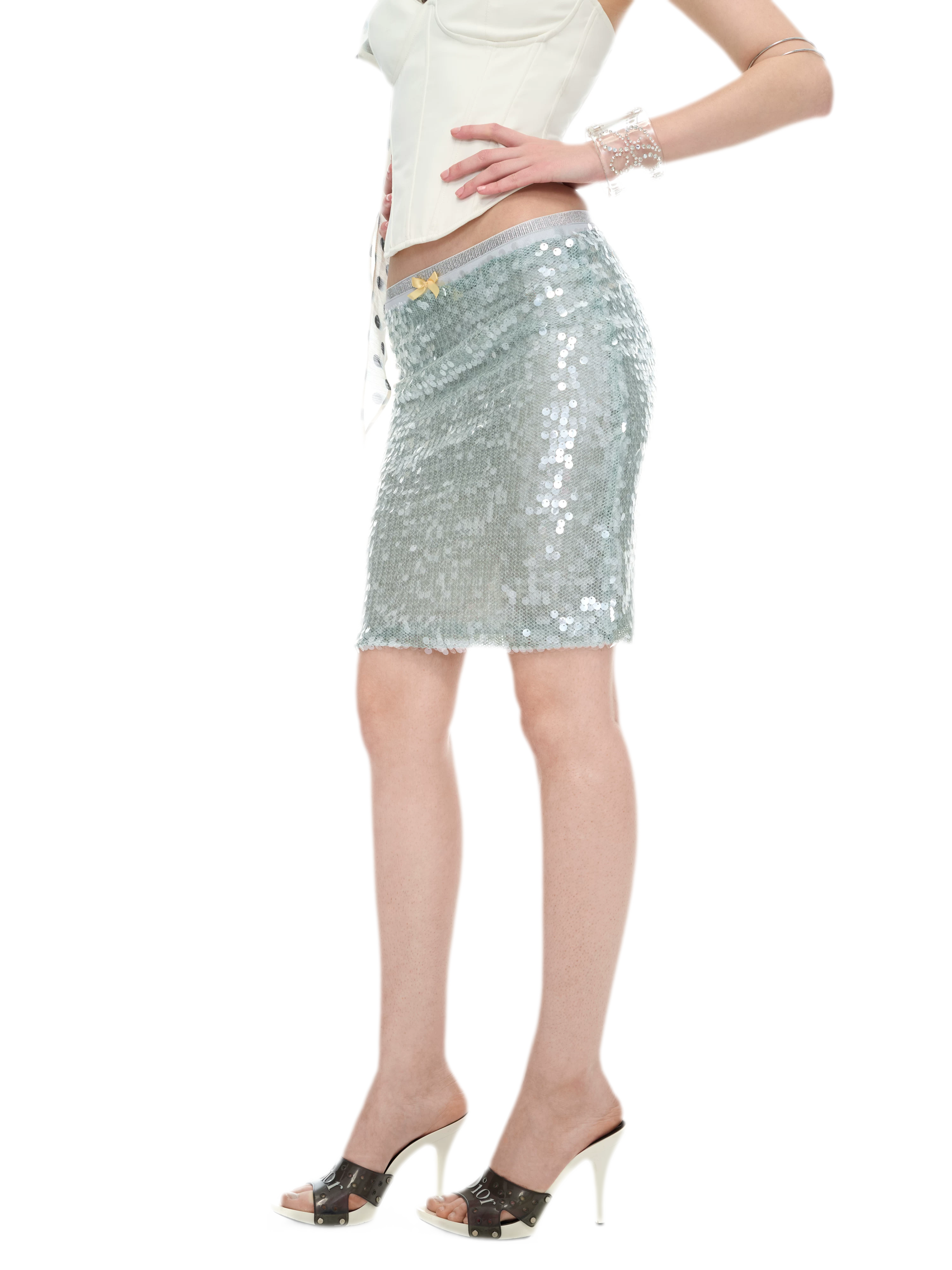 Sequin-Embellished Silver Waist Midi Skirt