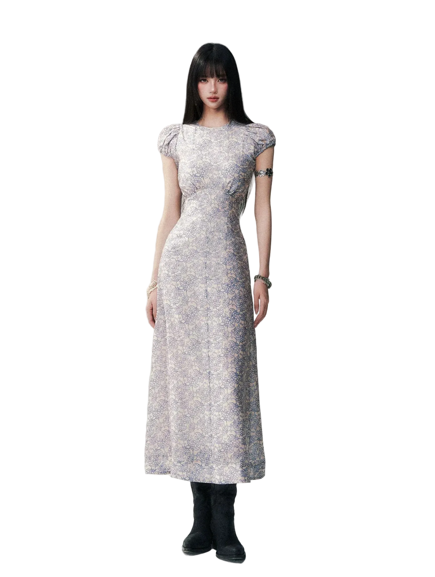 Fog Blue Floral Maxi Dress