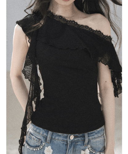Lace One-Shoulder Crop Tee