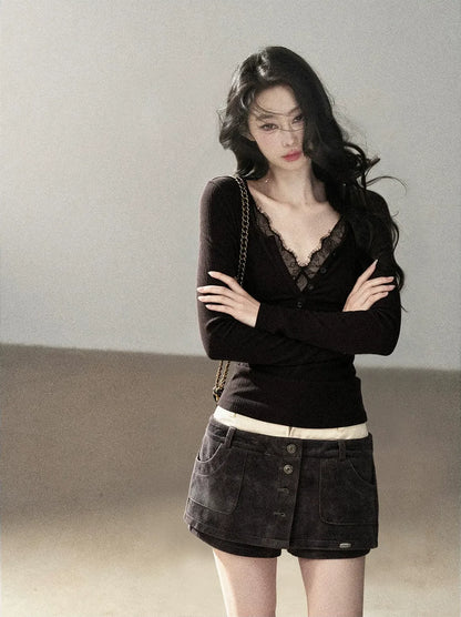 เสื้อถักริบขัดเงาคอวีแต่งลูกไม้