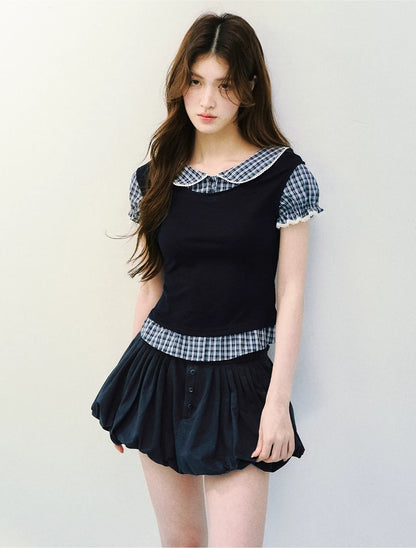 Navy Petal Pleated Skirt