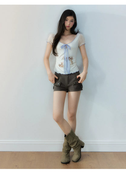 Korean Lyocell Deer Print Ribbon T-Shirt