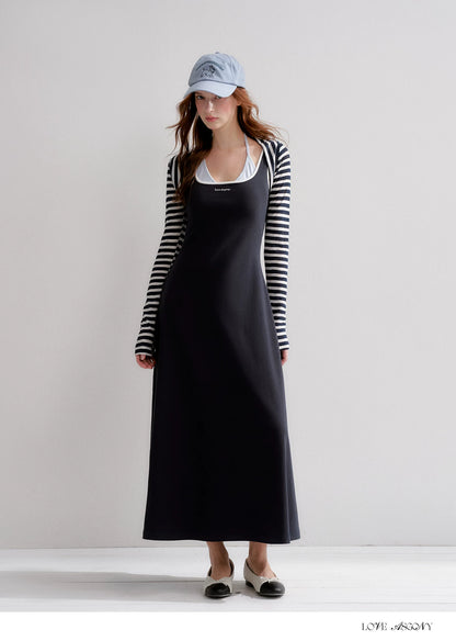 Contrast Color U-Neck Halter Knit Long Dress