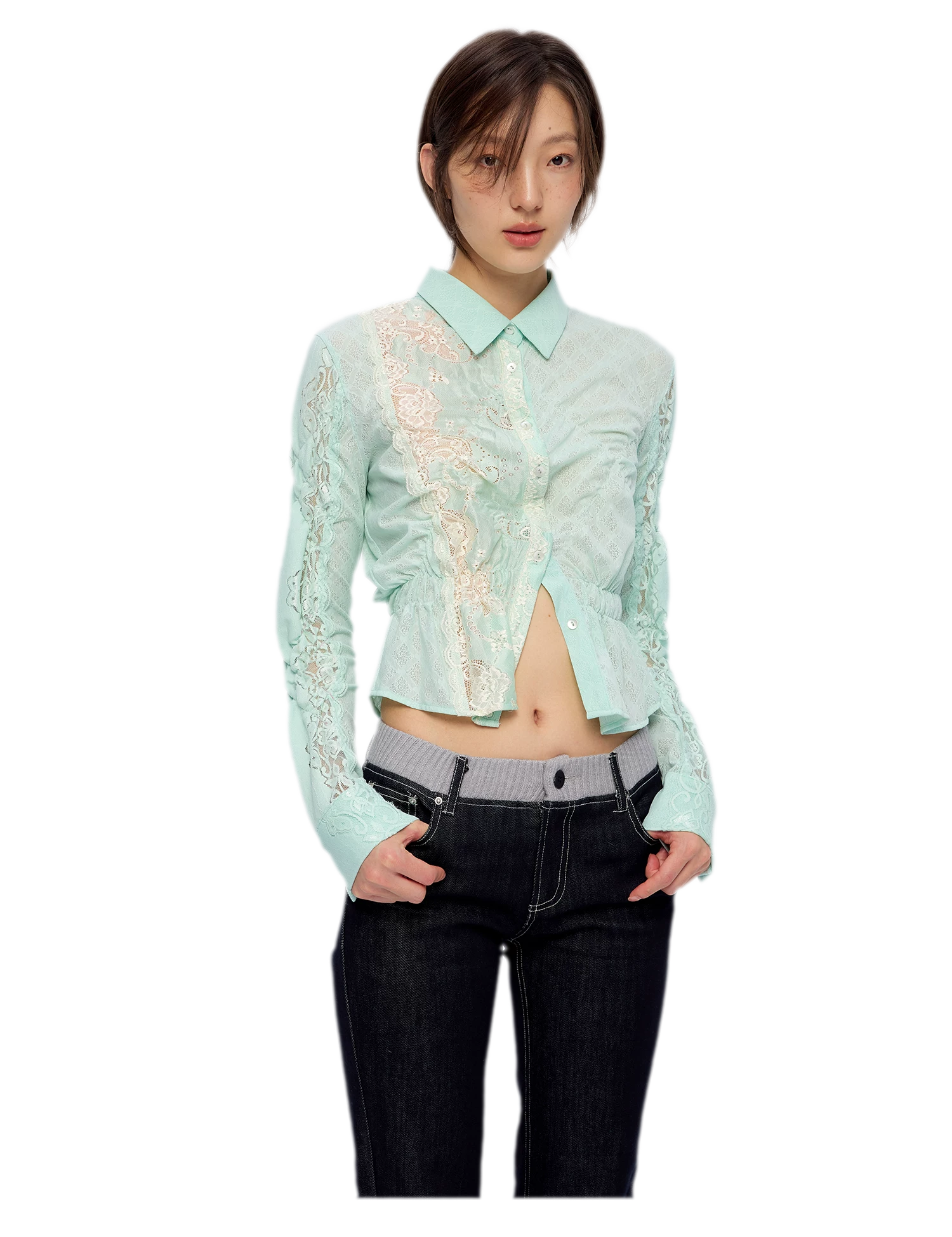 Lace Shirred Peplum Blouse