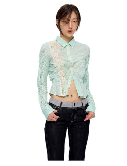 Lace Shirred Peplum Blouse