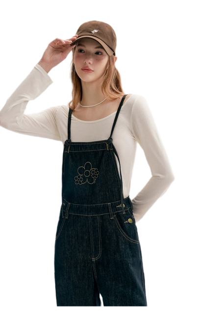Contrast Floral Denim Overalls