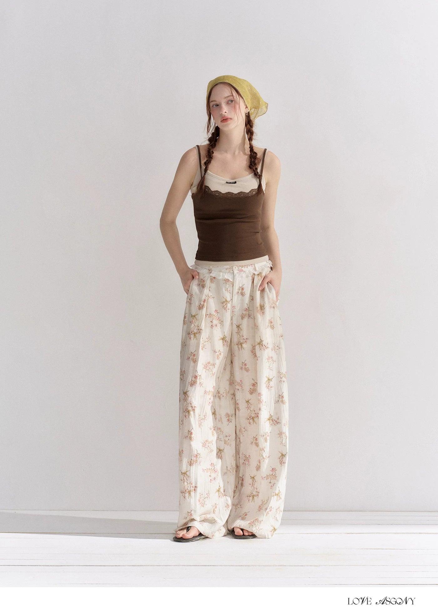 Lightweight Printed Wide-Leg Pants with Lace Waistband
