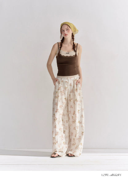 Lightweight Printed Wide-Leg Pants with Lace Waistband