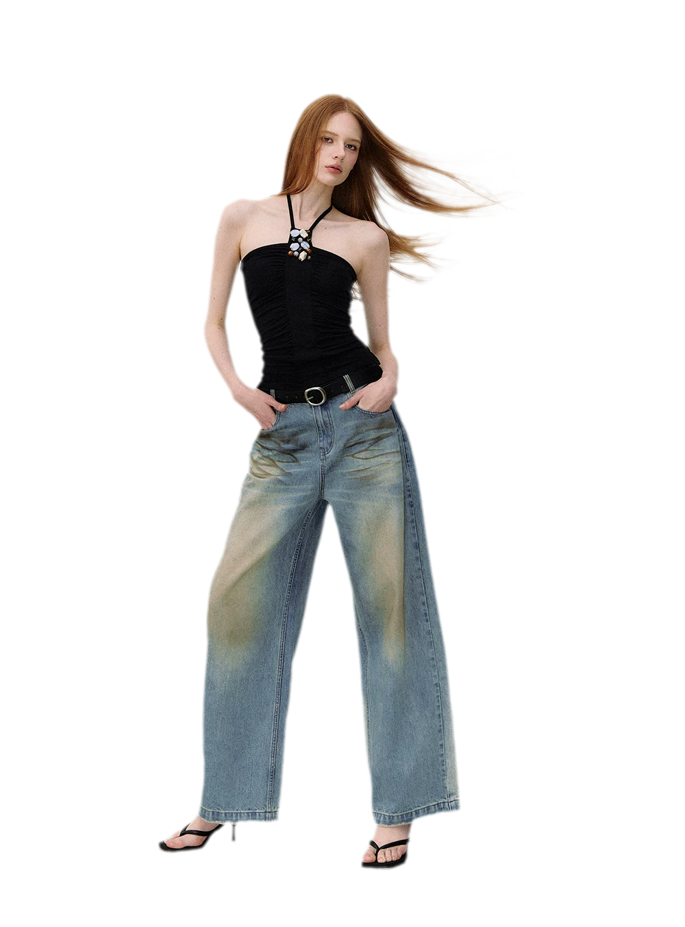 Denim Halter Top and Wide-Leg Jeans Set