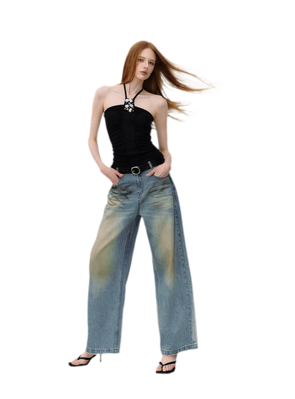 Denim Halter Top and Wide-Leg Jeans Set