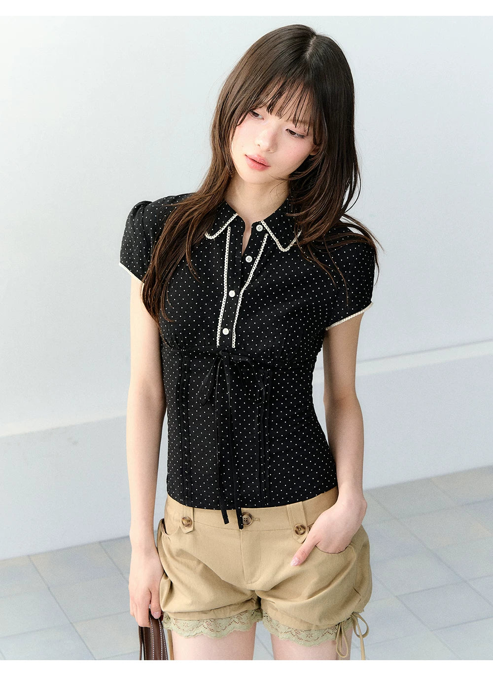 Korean Style Lyocell Waist-Tie Polka Dot Puff Sleeve
