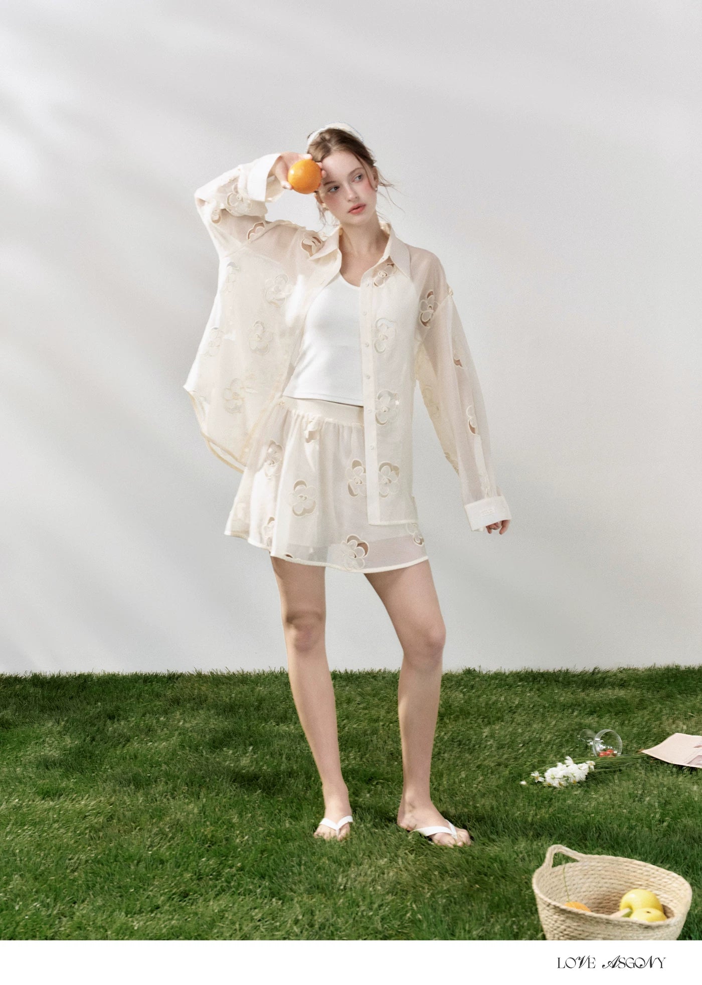 Hollow Floral Embroidered Polo Collar Two-Piece Set