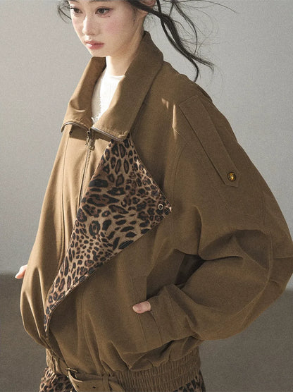 Matte Suede Leopard Bomber Jacket