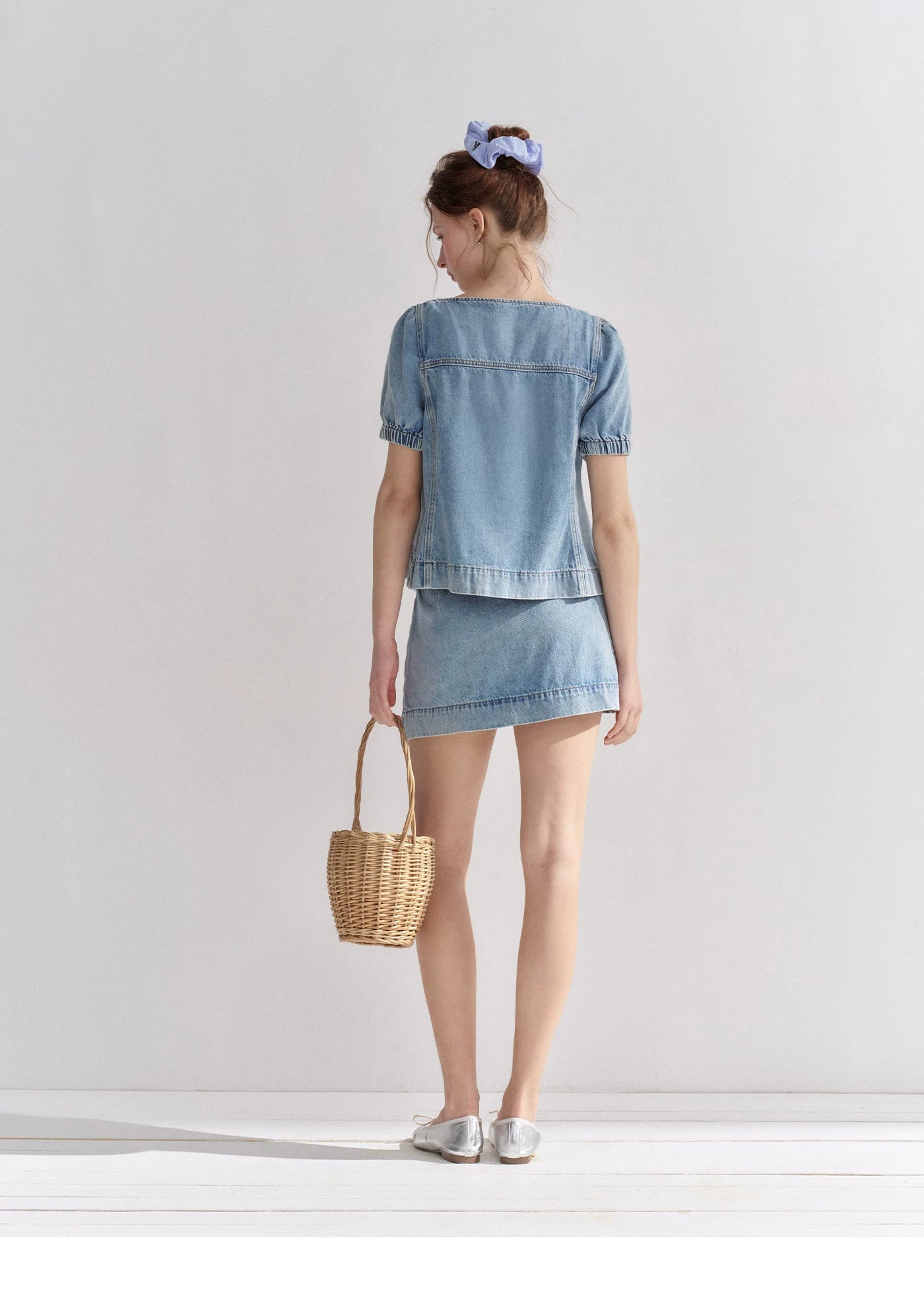 Floral Embroidered Tie Denim Top &amp; Skort Set