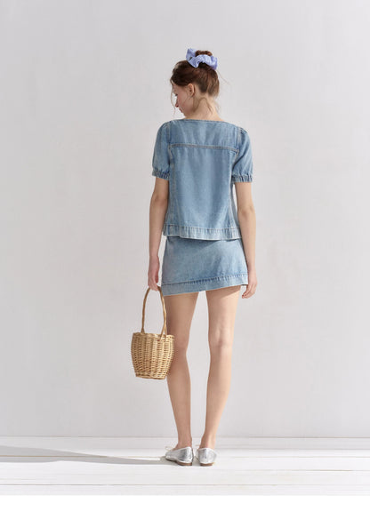 Floral Embroidered Tie Denim Top &amp; Skort Set