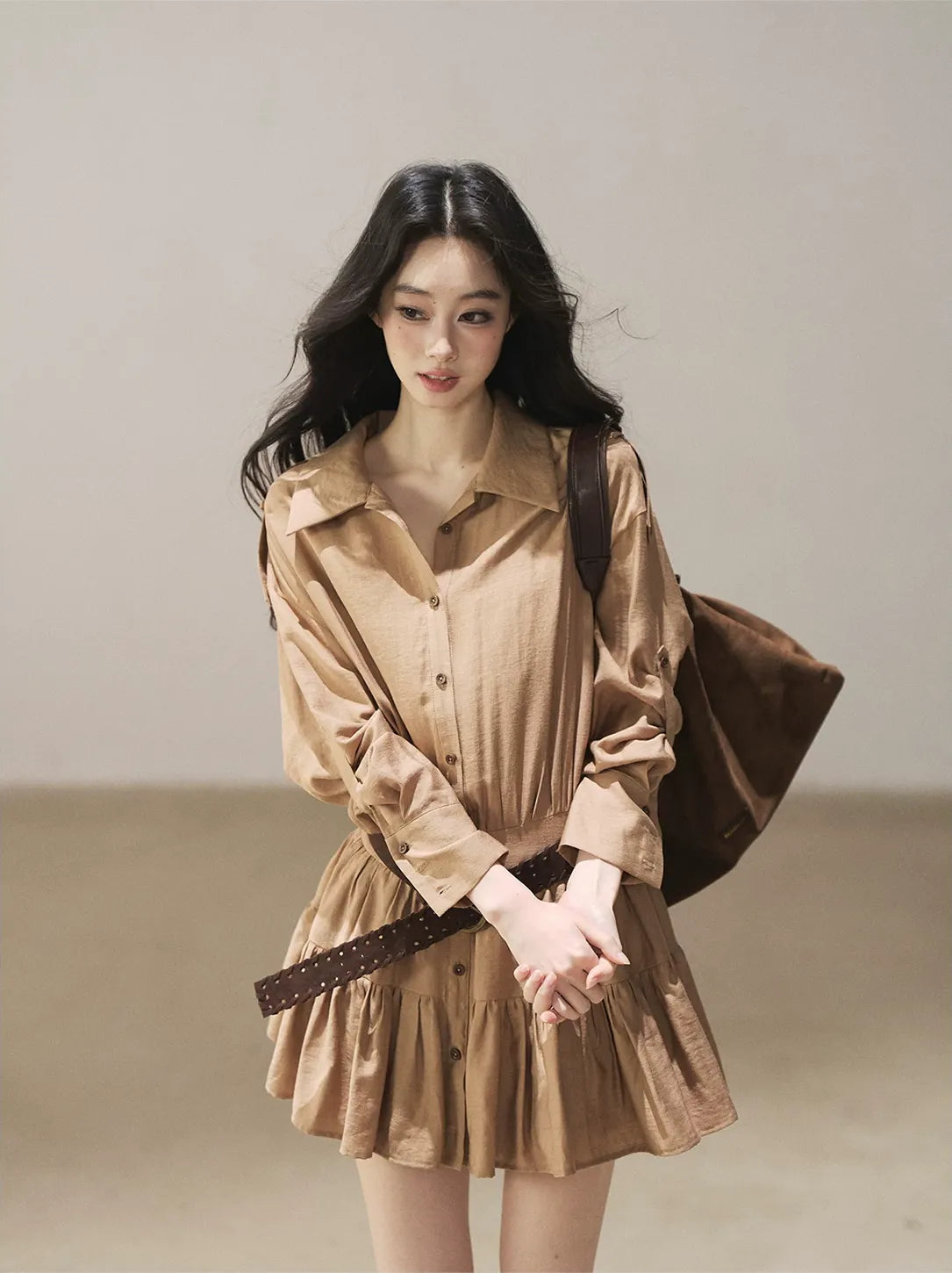 High-Waist Ruffle Shirt Dress
