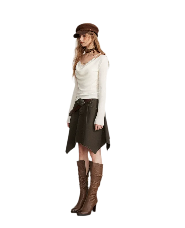 Draped Lace Trim Knit Top