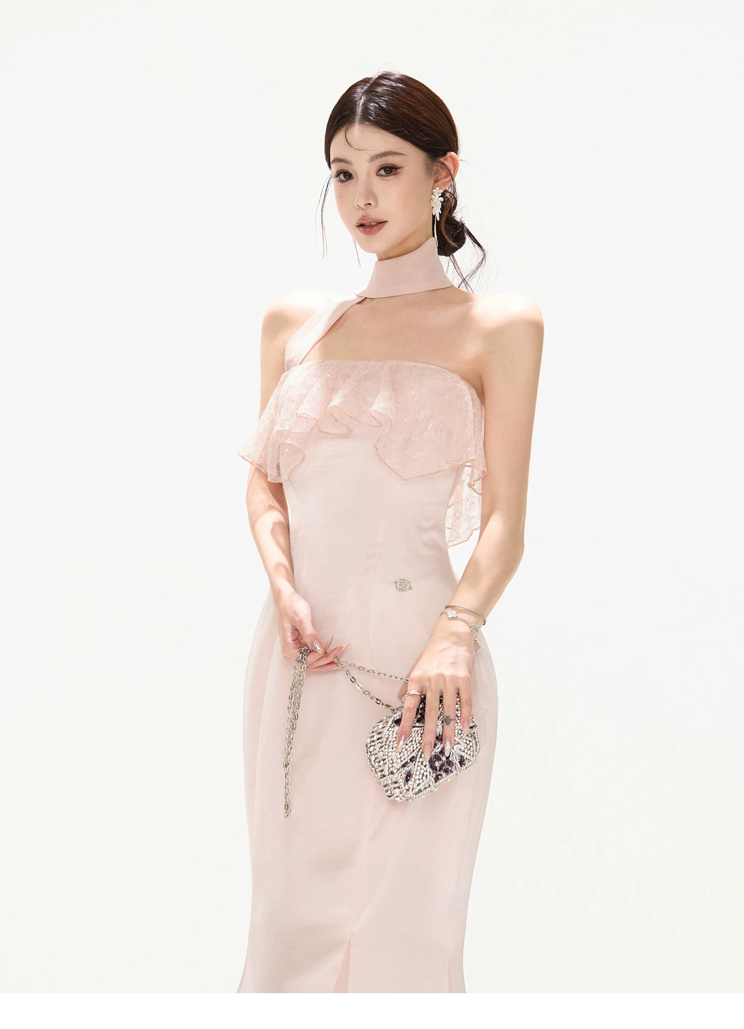 Strapless Lace Ruffle Fishtail Long Dress in Champagne
