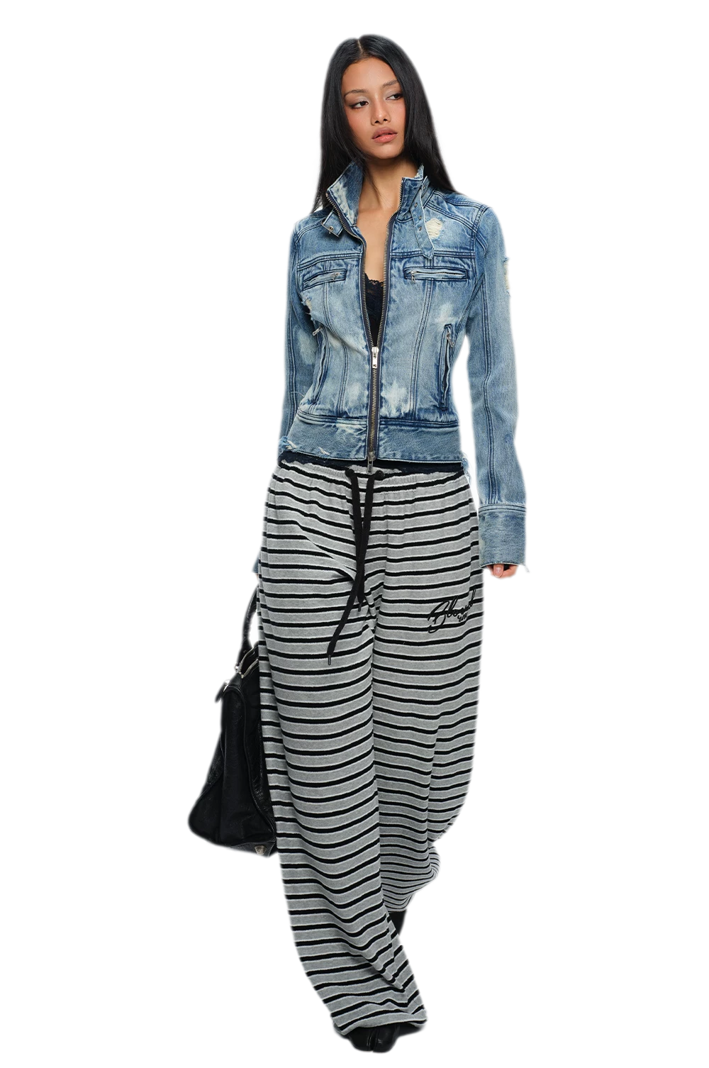 Embroidered Stripe Wide-Leg Pants
