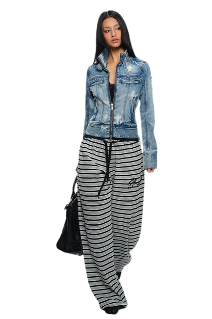 Embroidered Stripe Wide-Leg Pants