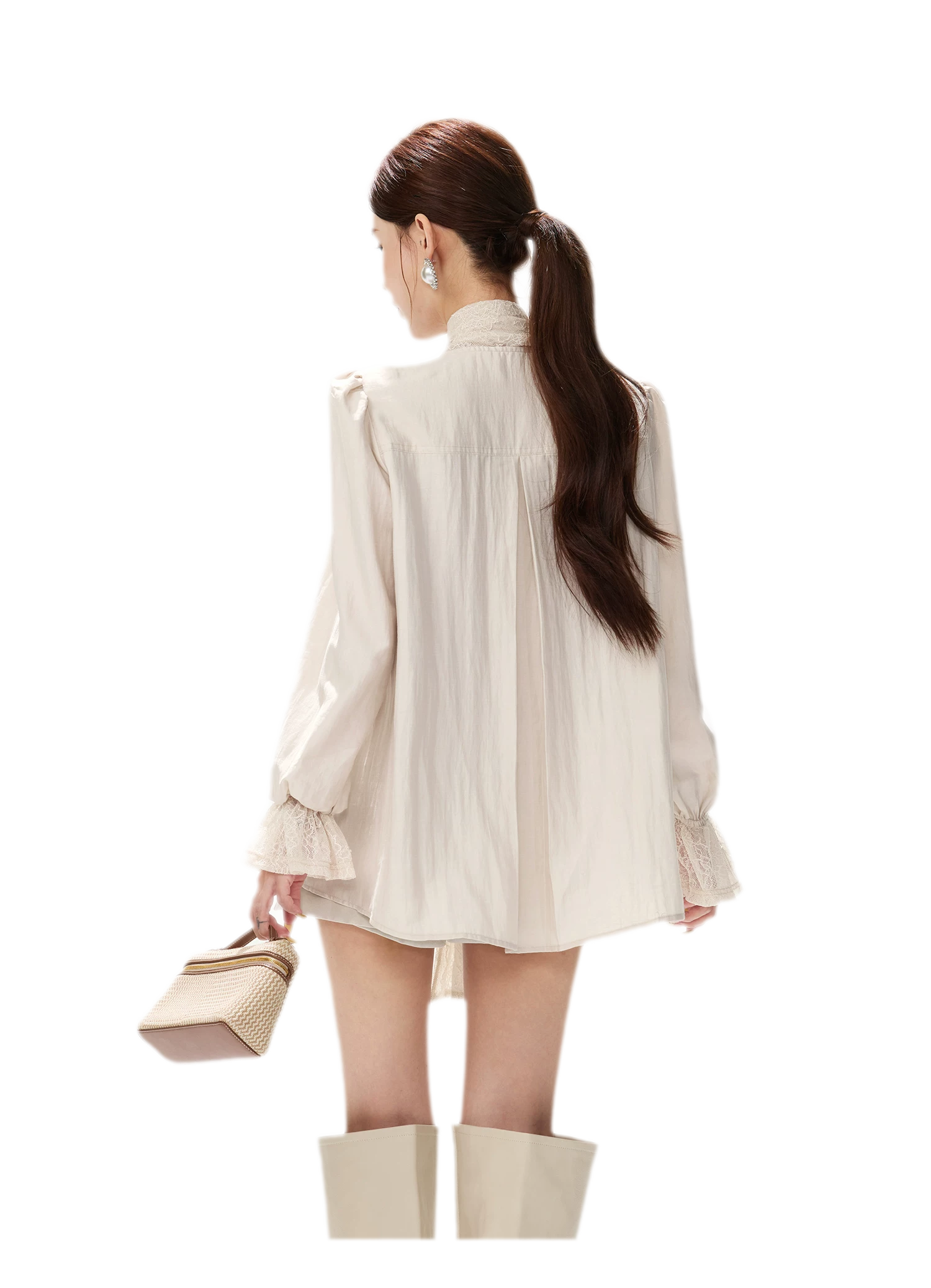 Textured Lace Tie Collar Blouse
