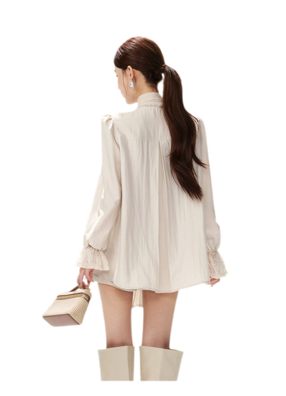 Textured Lace Tie Collar Blouse
