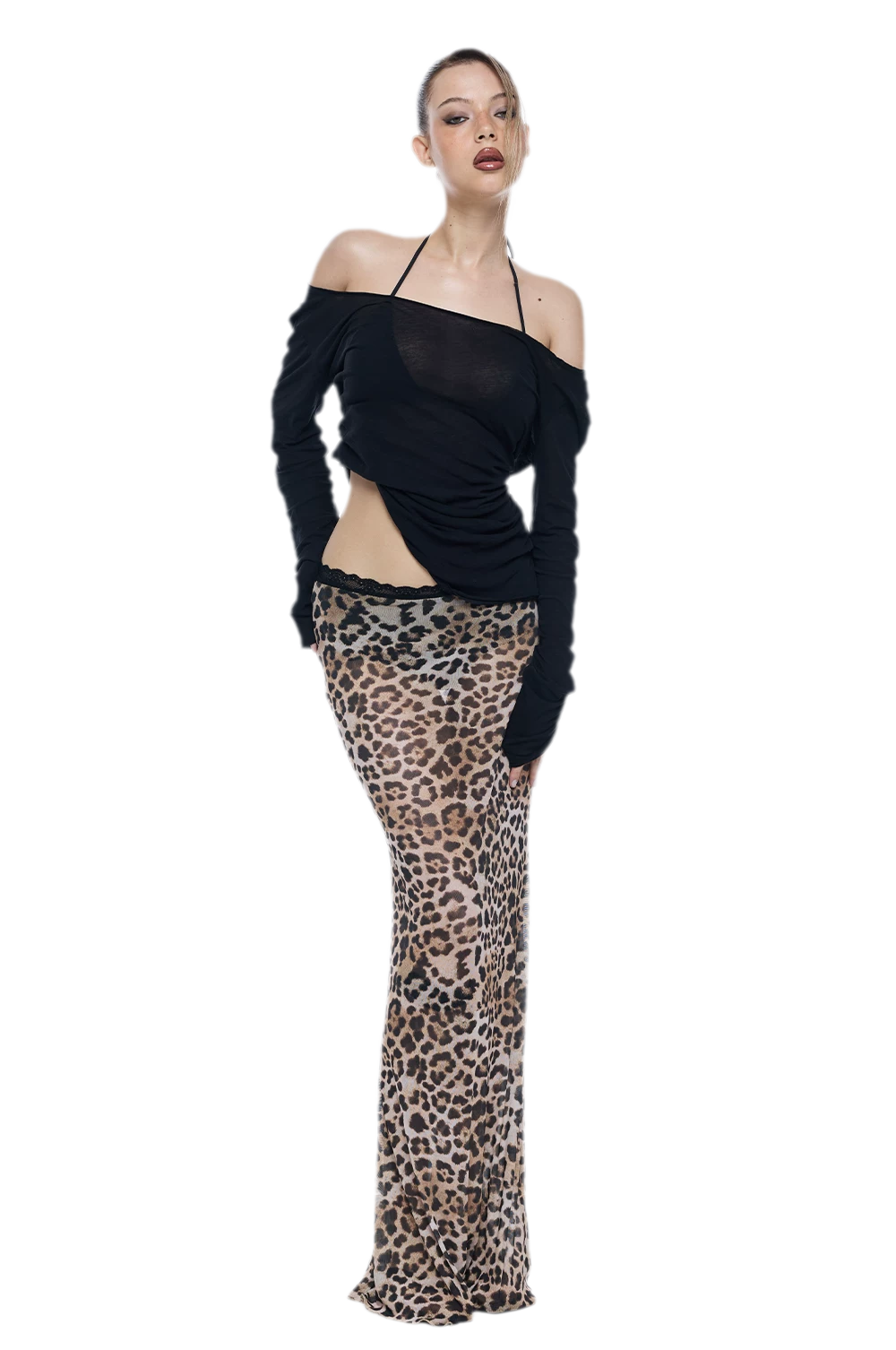 Leopard Mesh Midi Skirt