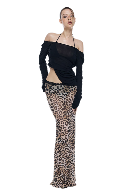 Leopard Mesh Midi Skirt