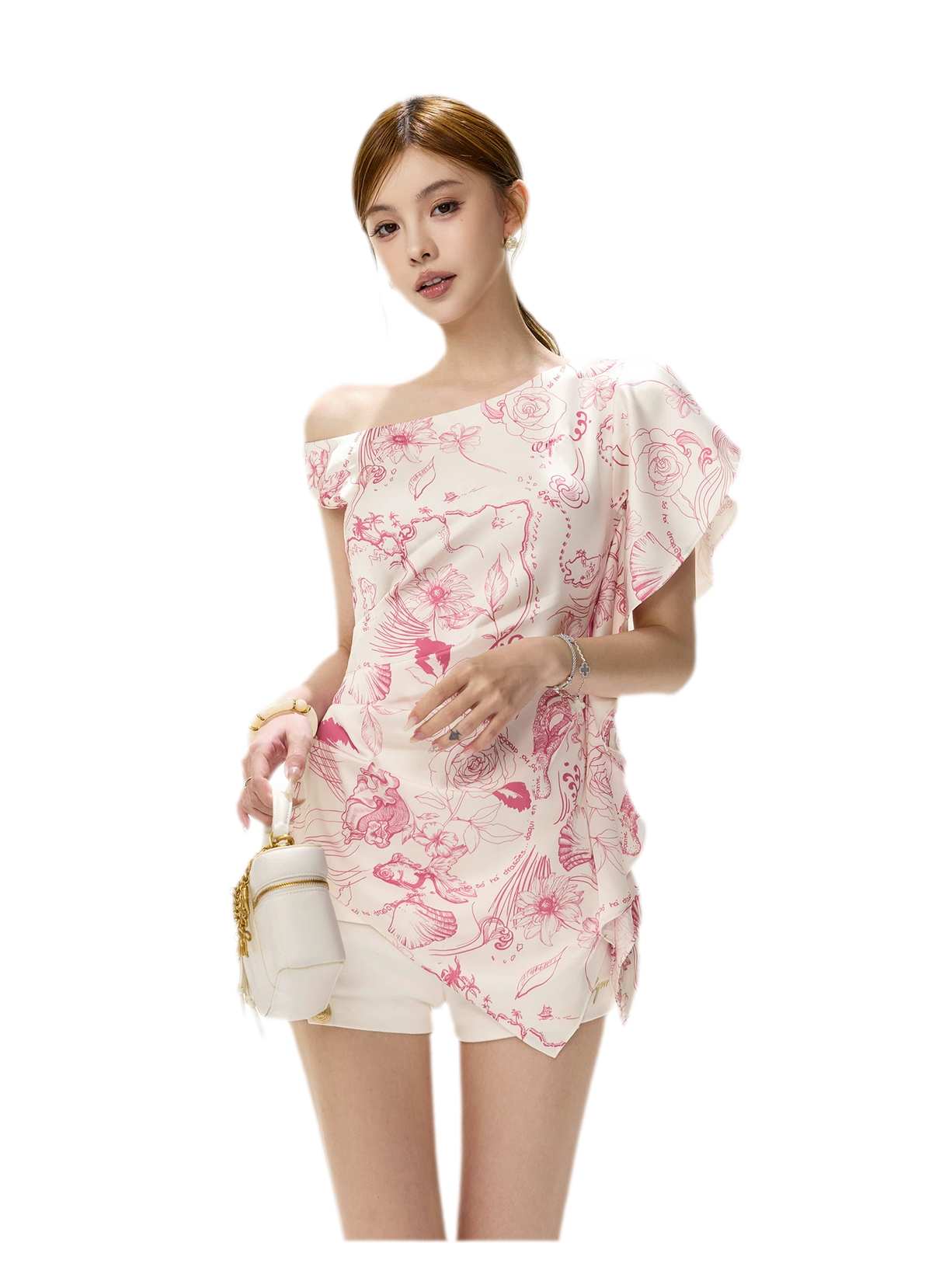 Printed One-Shoulder Ruffle Top