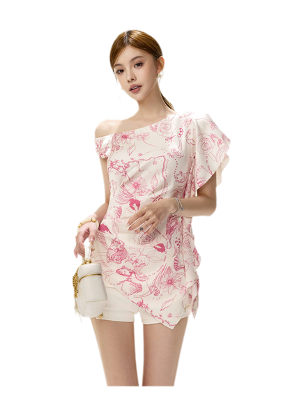 Printed One-Shoulder Ruffle Top