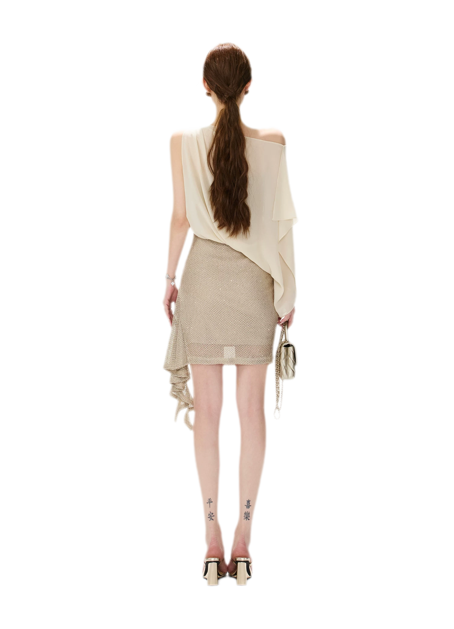 CYNR Sheer Drape Off-Shoulder Dress – view 16
