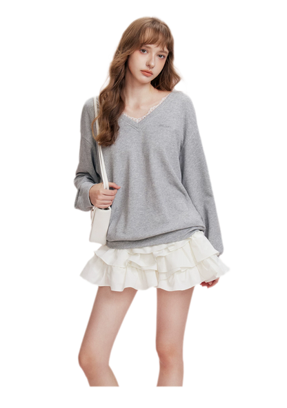 Lace Trim Back Cutout Pullover