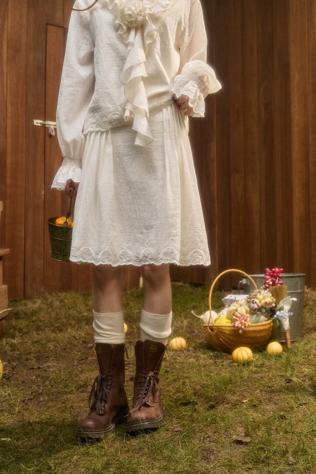 Embroidered Ruffle Blouse Skirt Set
