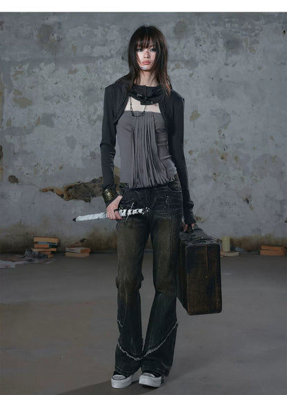 Distressed Hooded Knit Bustier Top