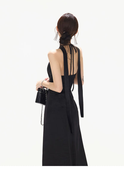 Mesh Lace Deep V Halter Dress with Satin