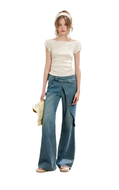 Soft Cotton Wide-Leg Jeans with Bow Detail