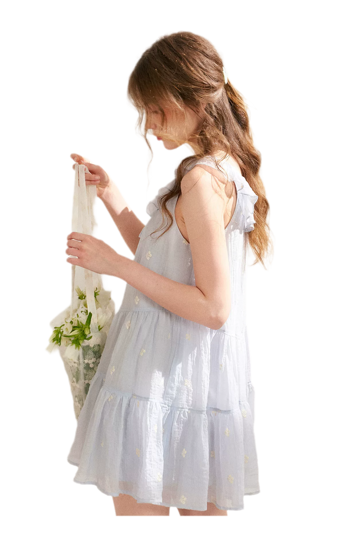 Tencel Embroidered Ruffle A-line Dress