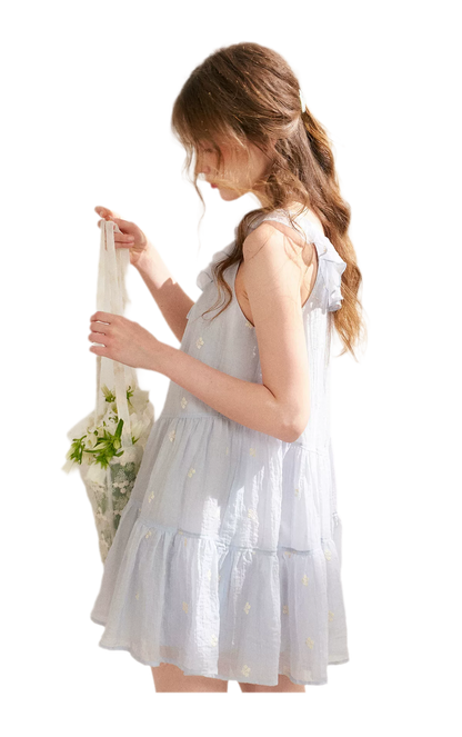 Tencel Embroidered Ruffle A-line Dress