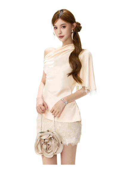 Asymmetric Tassel Satin Top
